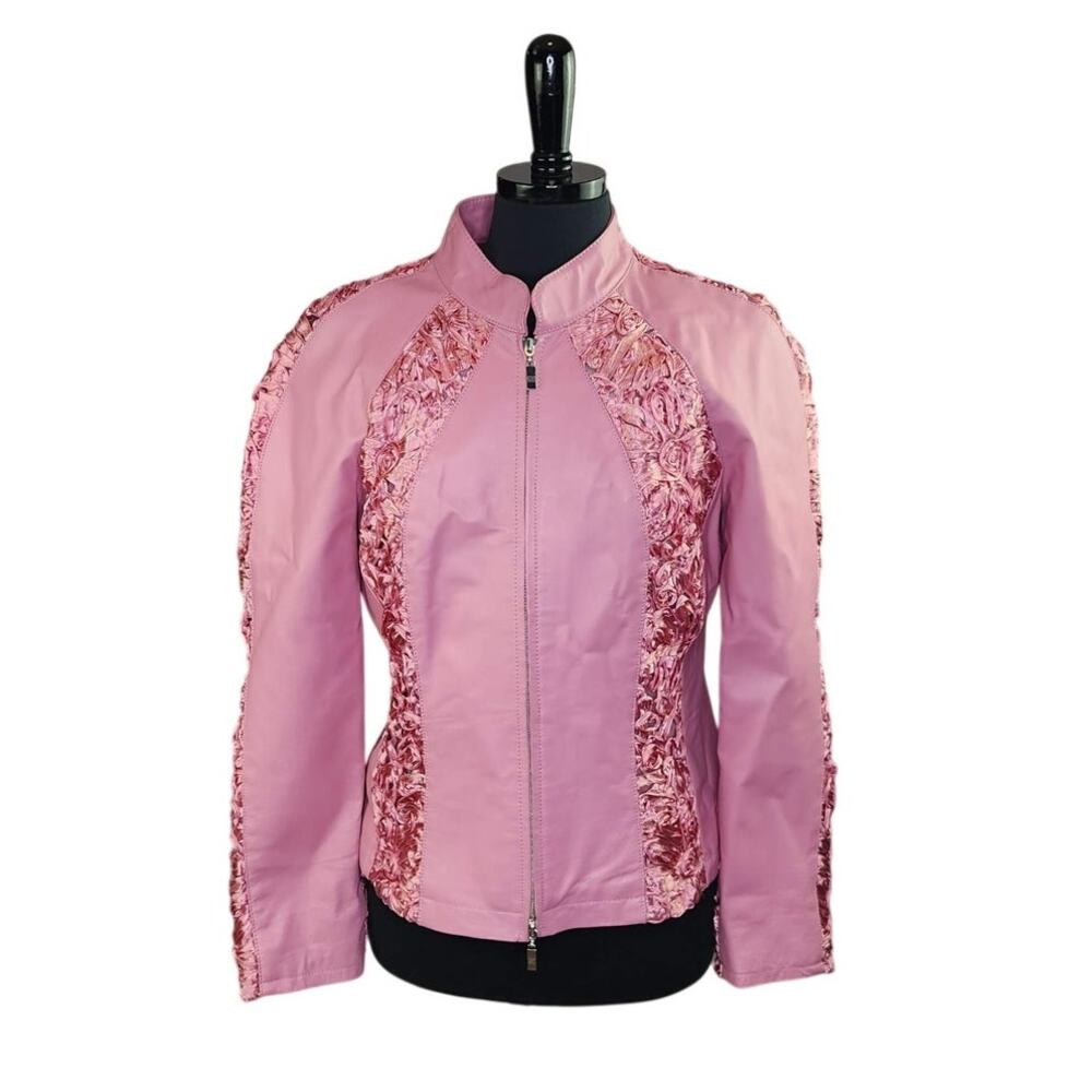 Pamela McCoy Pink Leather Jacket Ribbon Rosette Detail Coquette Moto M